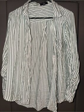 Light Green Striped Button-Up Shirt - Casual Women's Top
